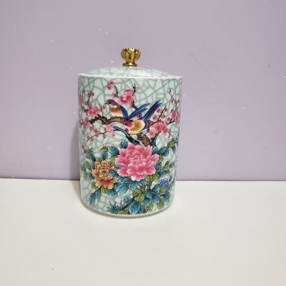 Asian Porcelain Ceramic Tea Bag / Trinket Canister Home Decor 5"×3.5" - Picture 1 of 10